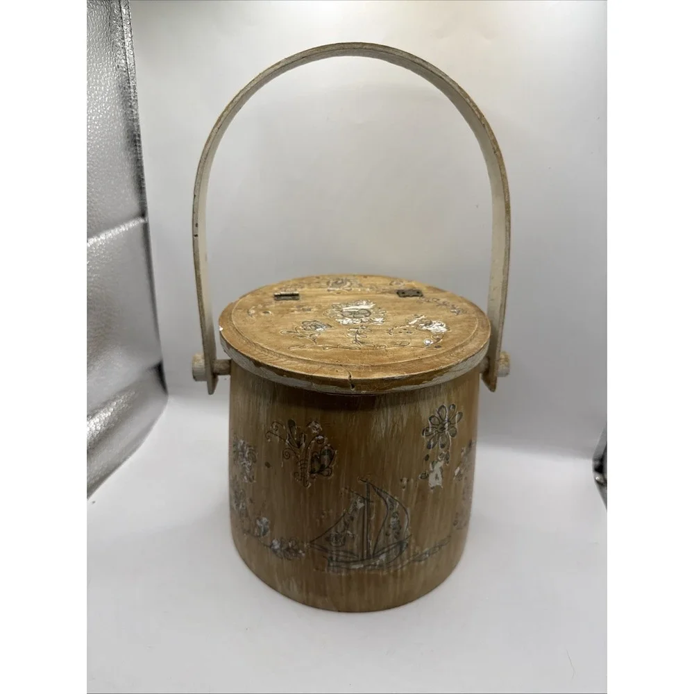 Antique Vintage  WOODEN FIRKIN SUGAR BUCKET Painted  Swing Handle & Lid